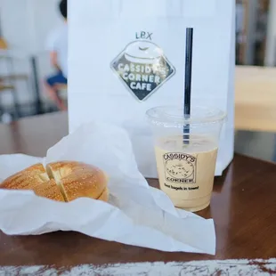 a bagel and iced coffee