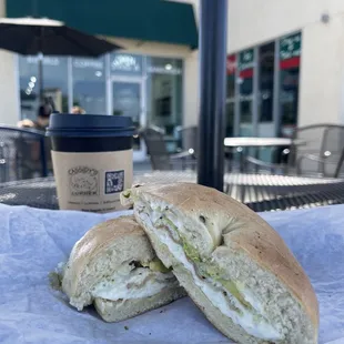 Breakfast Bagel Sandwich: Desi Beverage: Hot Chai Latte w/almond milk @ojbaylen