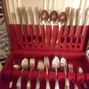 I  have certification and everything you see is all wooden authentic and silk and velvet lining 7different  meal ,salad,soup,seafood,silver