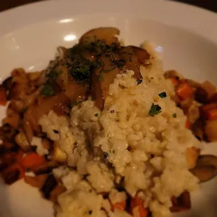 Vegan Risotto  arborio with roasted turnip, parsnip, and rutabaga, caramelized pear, vegan cashew brie