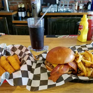 Bronco Burger with fries and mozzarella sticks