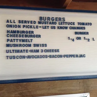 And burgers too with their list of toppings to put on them.