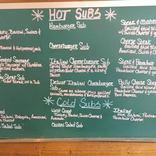 Cassidy's menu for their sub sandwiches.