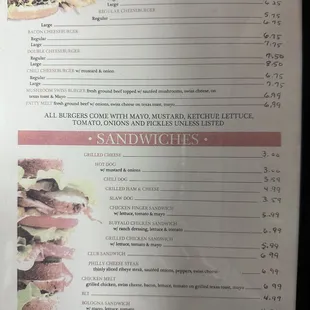 a menu for sandwiches