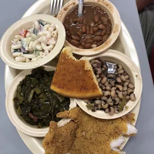 Fried catfish, outstanding collard greens, field peas and snaps, pinto beans, macaroni salad and cornbread.