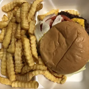 Cheeseburger and fries to go.