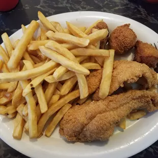 Catfish, hush puppies, and fries