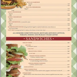 Menu Burgers/Sandwiches