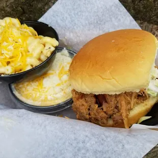 Root beer pork with slaw, mac n cheese and potato salad sides