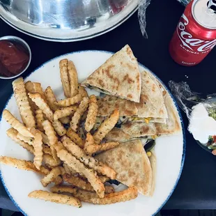 Smoked chicken quesadilla and fries
