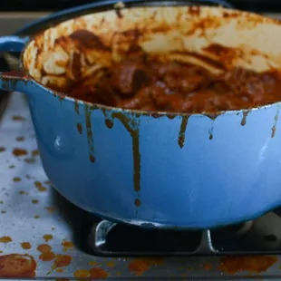 a dirty pot on a stove