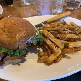 Candied Bacon Burger with Seasoned Fries!