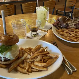 Burger and Reuben. Old fashioned and jalapeño margarita.