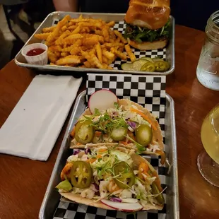Burger and shrimp tacos