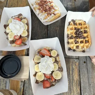 Deluxe Waffle, The Lumberjack Waffle and a Naked Waffle with chocolate chips.  Decaf Fresh Coffee and a 20 oz. Fruit Smoothie