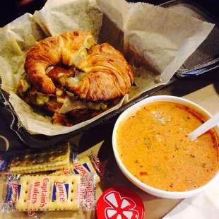 Feature lunch, Fried Fish on Croissant with an optional side of Tomato Bacon soup