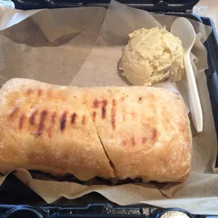 Delicious shrimp pesto panini with potato salad