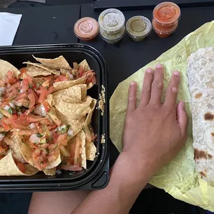 Chips and salsa and California burrito. I would recommend asking if they could put the salsa on the side