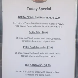 a menu for today special