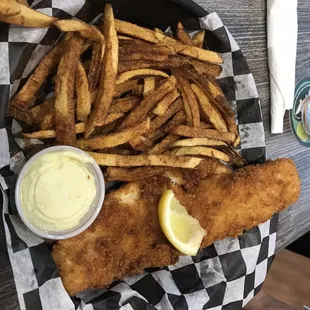 Fish and chips. The fries are seasoned and came out hot. Fish was nice and hot as well.