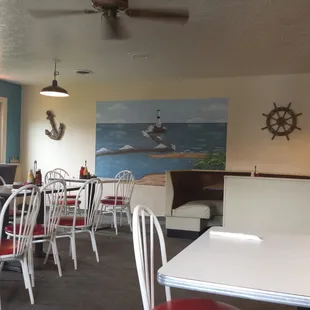 Nice painting of the lighthouse on the wall.