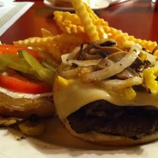 a plate of a burger and french fries