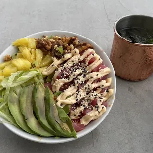 Specially prepared by the kitchen tuna, avocado, pineapple and walnut poke bowl. Soooo good!!!