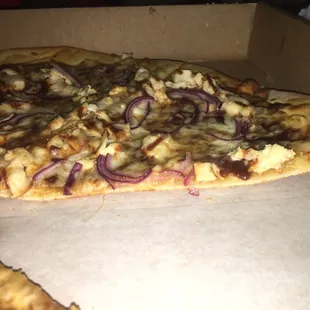 BBQ pizza. Thin. Okay. I wouldn't order it again. It's not bad, but for 20.00 with tax it is a let down.