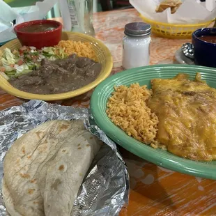 Carne guisada plate, Tex Mex cheese enchiladas and flour tortillas.