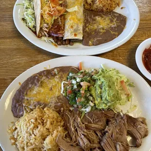 Top: 3 combo plate - taco, enchilada, burrito Bottom: Carnitas plate