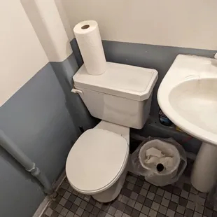 a toilet and sink in a small bathroom