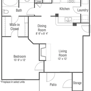 Floor plan for 1 bedroom/1 bathroom