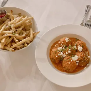Truffle fries and lamb meatballs