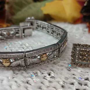 Claddagh bracelet, earrings, and ring. Traditional Irish design representing  love, loyalty, and friendship.