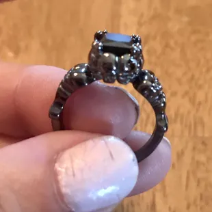 Custom designed 14k white skull ring with 2 ct black diamond skull ring.