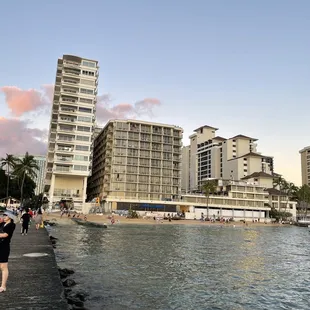 At end of pier looking at Waikiki shore (tall building) on far left.