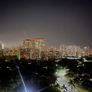 The beach is to the left and the skyline is straight across and to the right. Best of both views.