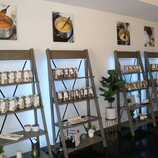 Candy is displayed by type of chocolate.  Beautiful pictures of the candy as it's made on the walls in canvas.