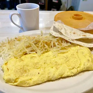 Cheese Omelette with Hash Browns &amp; Tortillas
