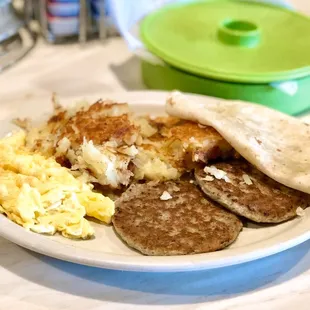 Two Eggs, Sausage and Hash Browns with Tortillas