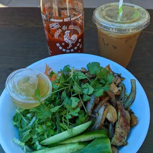 lemongrass chicken bun (cold vermicelli bowl) and vietnamese iced coffee