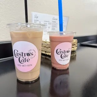 Strawberry smoothie and Spiced Cookie Latte.