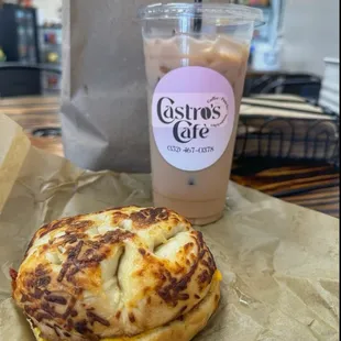 Breakfast sandwich and chai.