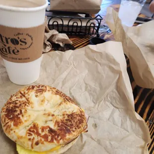 Dirty chi latte, and ham egg and cheese bagel.