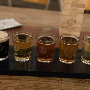 from left to right, their Porter, Pilsner, Sour, Wheat and Lager.