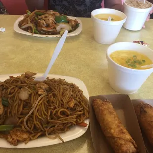Chicken Lo Mein, egg rolls, egg drop soup. Sweet Basil Shrimp in the back.