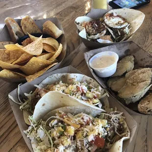 Pimento cheese dip, jerk chicken tacos, fried pickles, pork bogogi tacos!