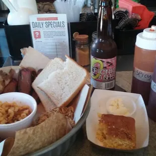 Chicken, brisket, pork, bacon mac n cheese and corn bread. Too hungry to get a picture when it first came out.