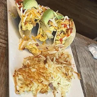 Breakfast tacos  and hash browns