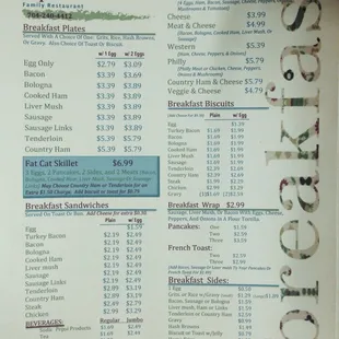 breakfast menu at Cat Square Family Restaurant